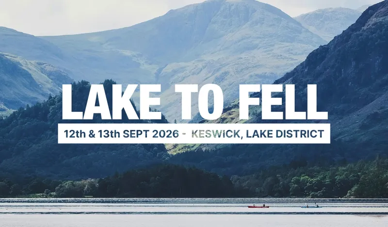 Paddler on Derwentwater, cyclist in Borrowdale and walker above the lake representing Lake to Fell
