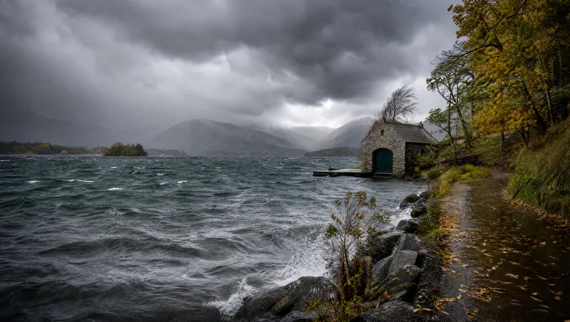 Windy autumn weather above the Lake District fells; Storm Boelo visitor closures, October 2026