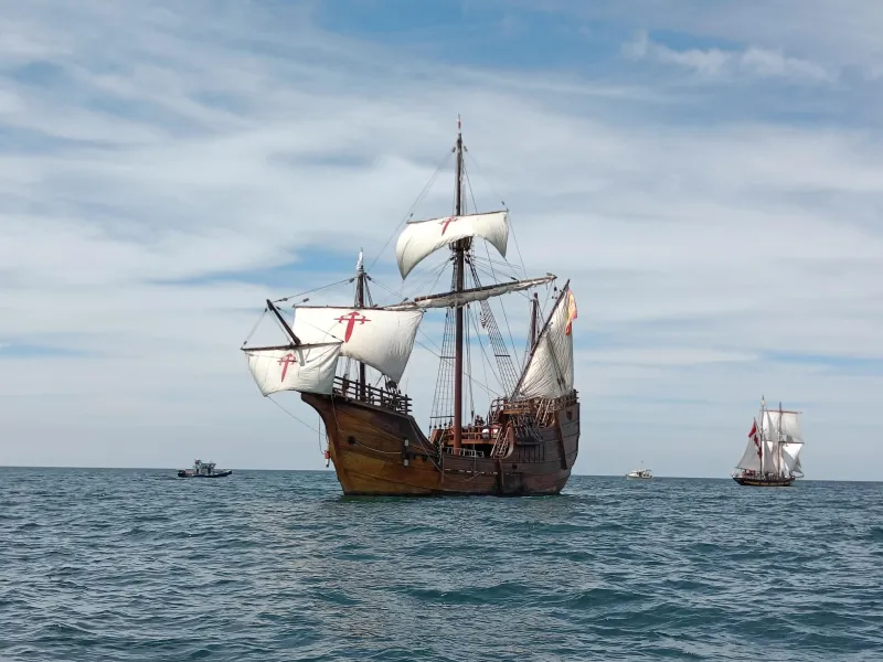 Nao Santa María replica tall ship visiting Barrow Town Quay in August 2026